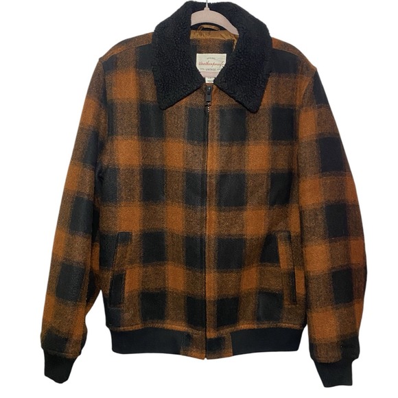 Weatherproof Bomber Jacket Mens Large Vintage Plaid Sherpa Rust Black Check Coat